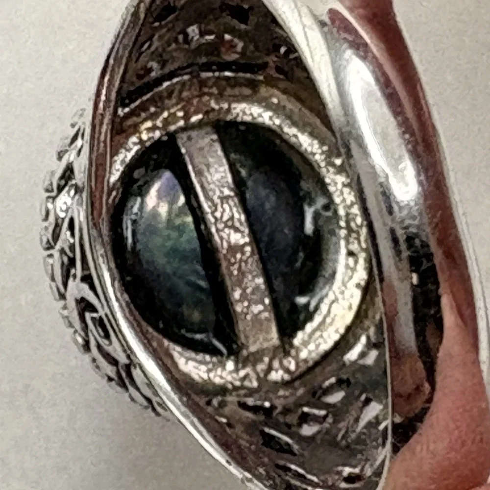 CFJ Sterling Silver Tahitian Pearl Ring 7 Crown Setting Filigree Oil Slick